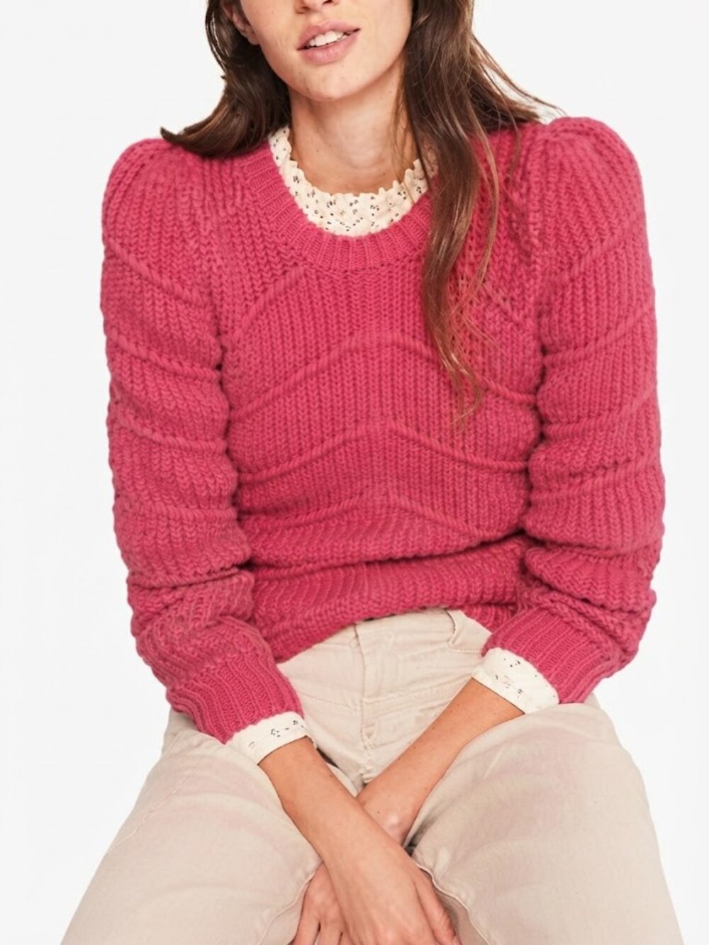 ba&sh Dabney Sweater Jumper Bright Pink Puff Sleeve Knit XS 4